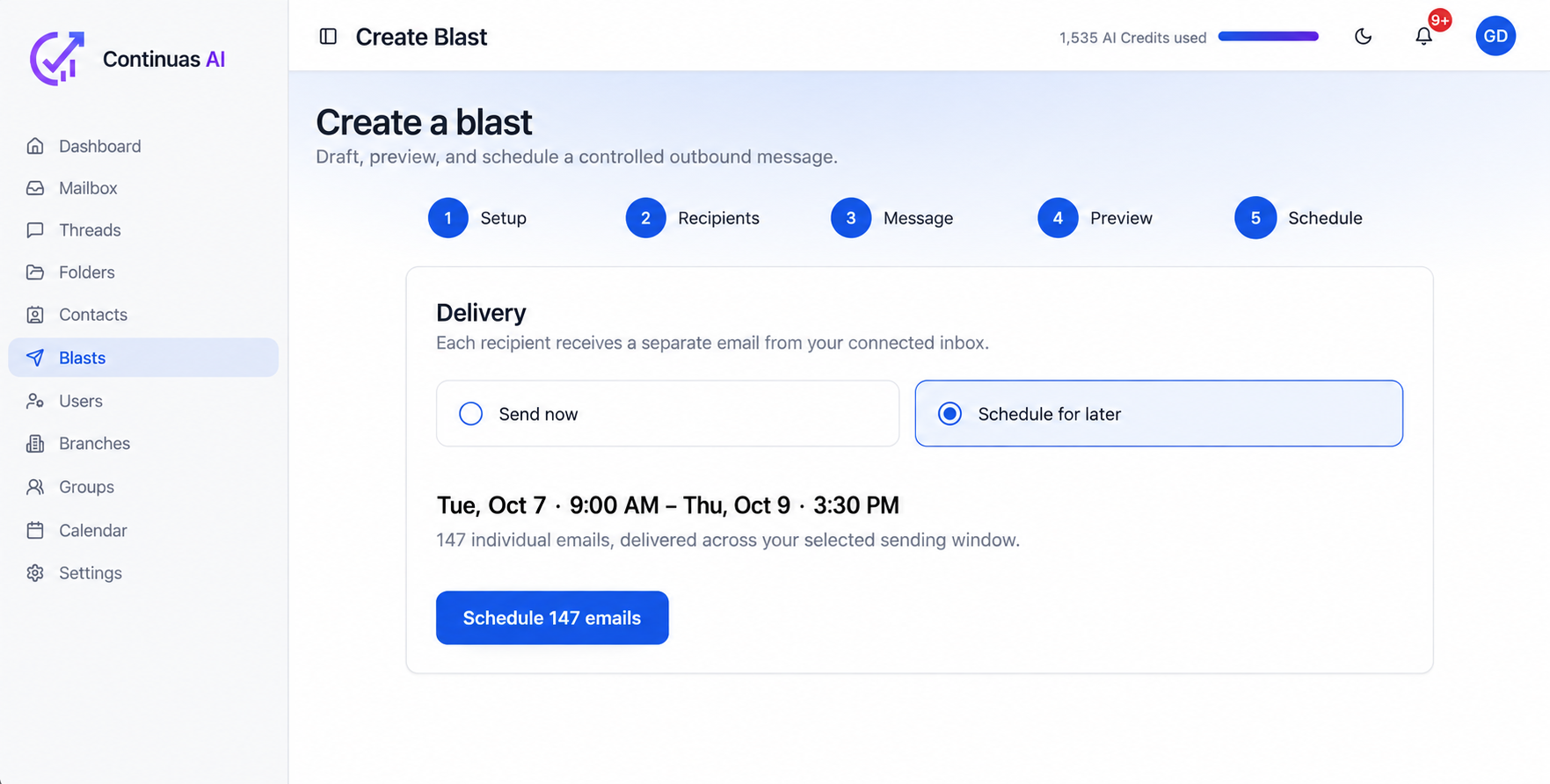 Continuas Create a blast screen showing individual email delivery scheduled across a sending window
