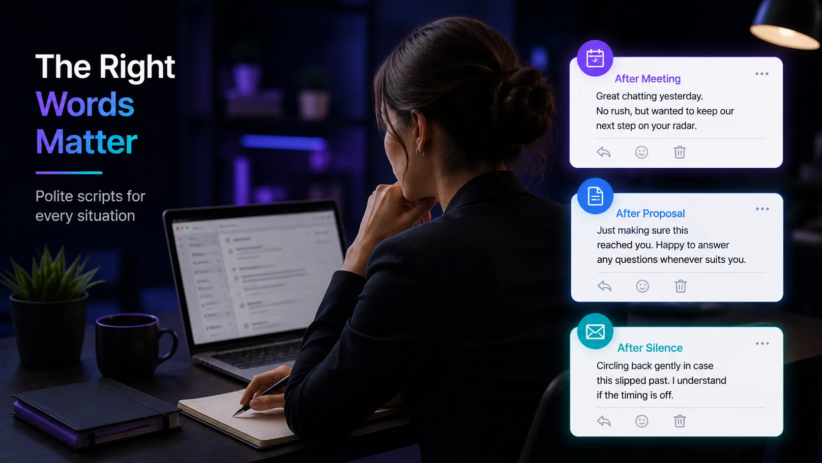 Polite follow-up email examples for different situations including after a meeting, proposal, and silence