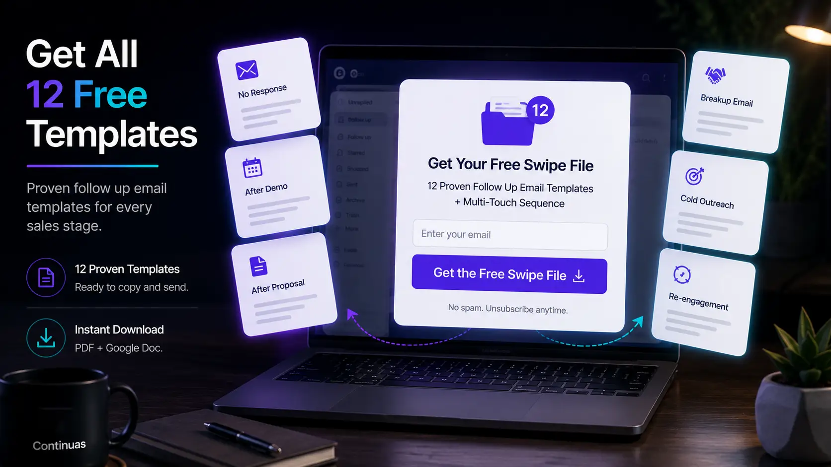 Collection of follow up email templates for every sales stage including no response, meeting, proposal, and breakup emails