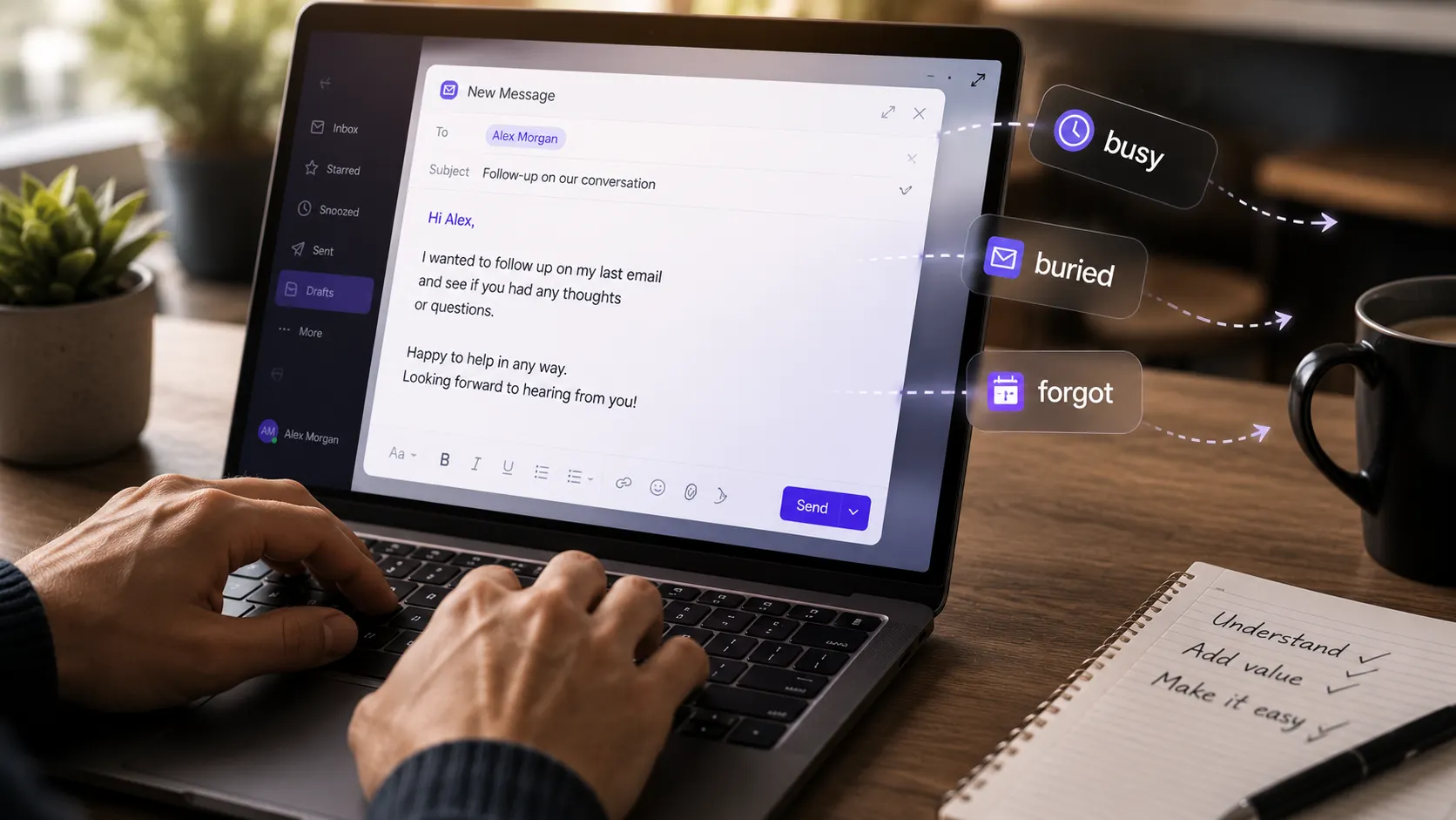 Sales professional writing a follow-up email after receiving no response from a prospect