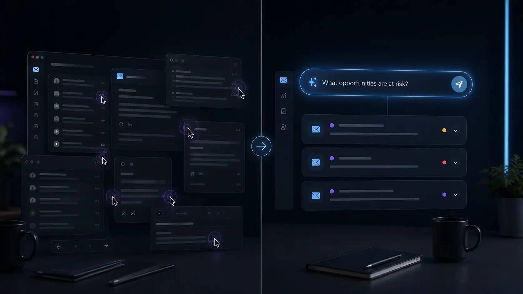 Sales rep giving plain-language commands to an AI email assistant to clear follow-ups, spot at-risk deals, and pause outreach during a trip