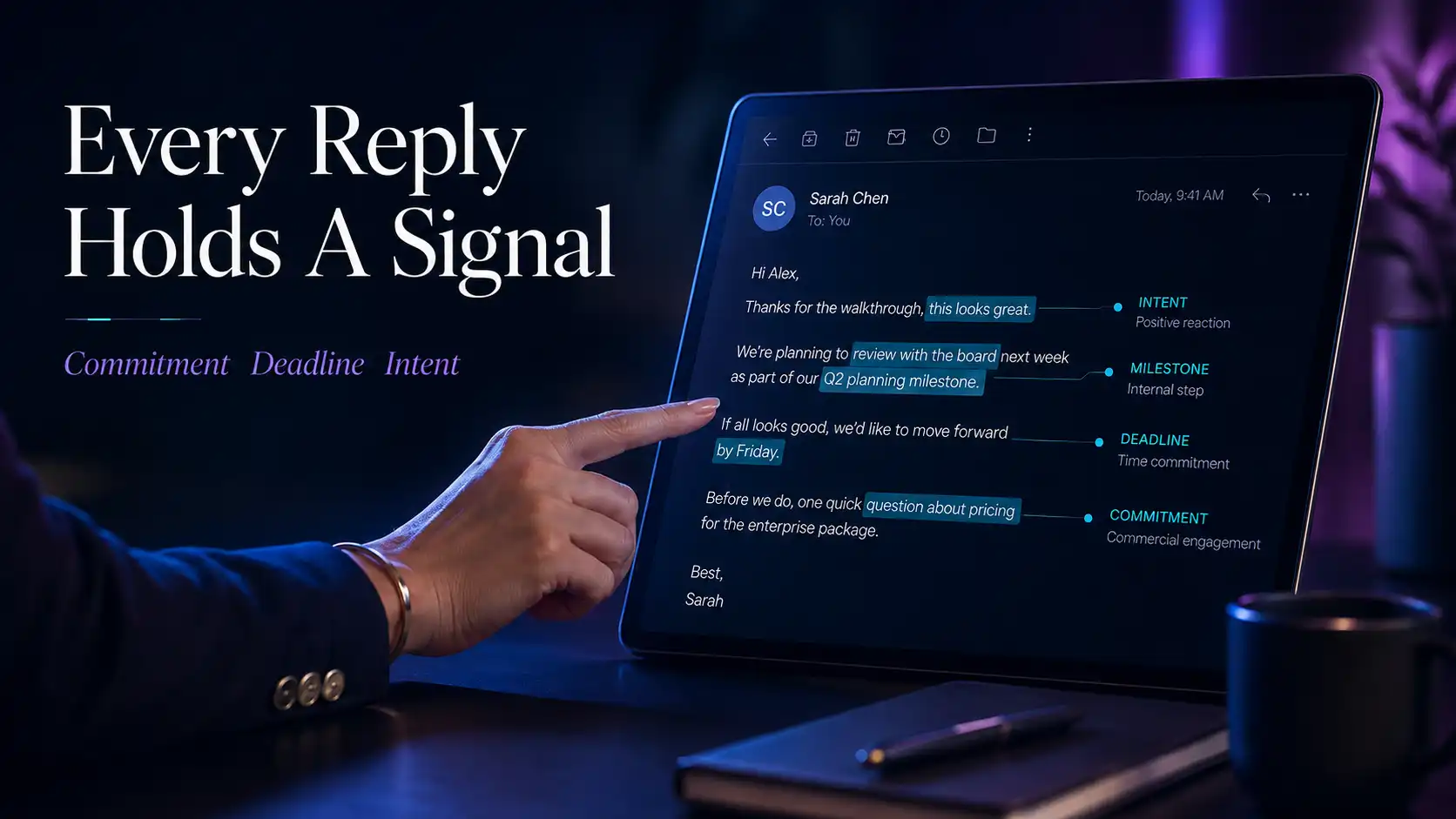 Voice-trained follow-up draft ready to send in one tap after reading buying signals in a buyer reply